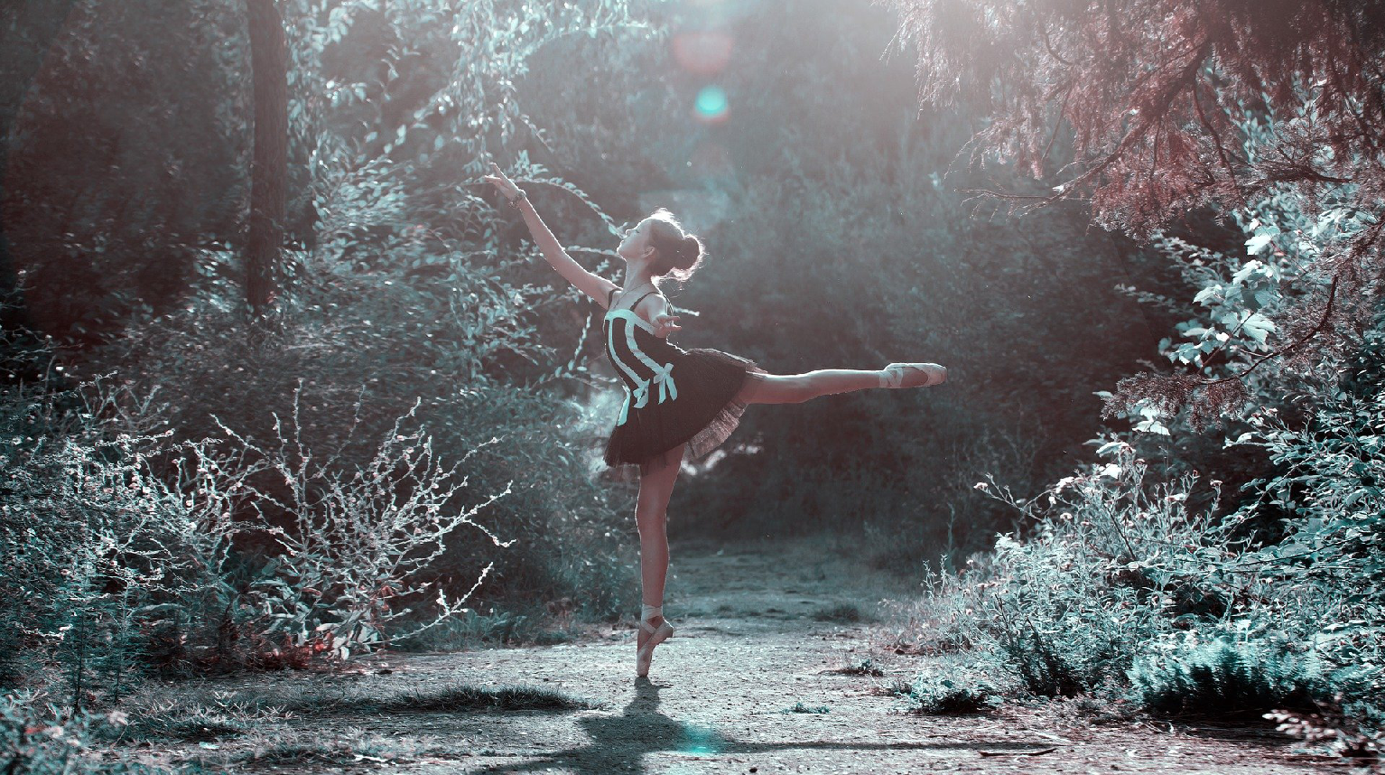 Ballerina dancing in a beautiful forest.